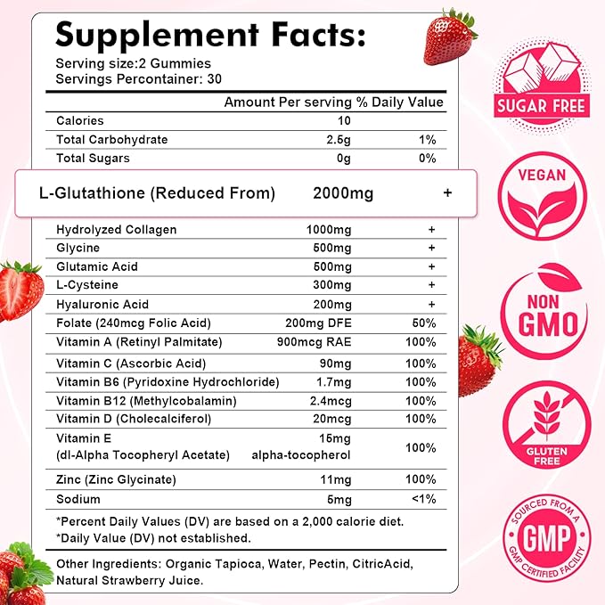 2 Pack Glutathione Collagen Gummies, Skin Brightening & Anti-Aging, Supports Hair, Skin & Nail Health, Glutathione Supplement for Women, Strawberry Flavor, 120 Count
