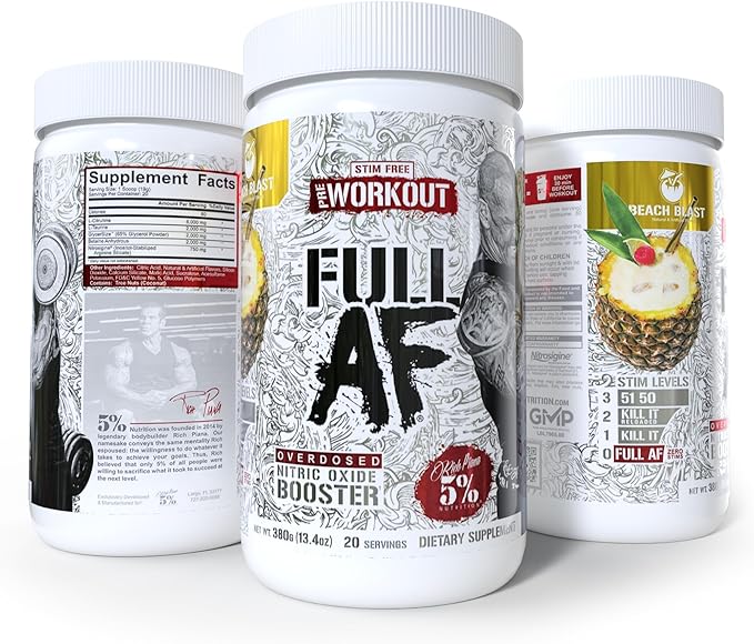 5% Nutrition FullAF Pre-Workout | Stim-Free with Massive Pumps | L-Citrulline, L-Taurine, Nitrosigine, GlycerSize (Beach Blast)