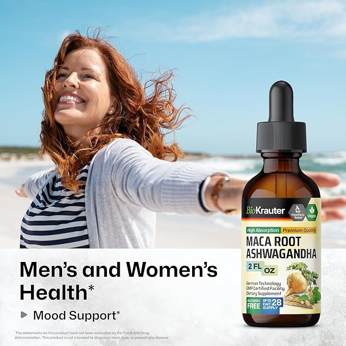 BIO KRAUTER Maca Root and Ashwagandha Tincture - Maca & Ashwagandha Supplements for Men & Women - Liquid Supplement for Mood Support - Alcohol and Sugar Free - Vegan Drops 2 Fl.Oz.