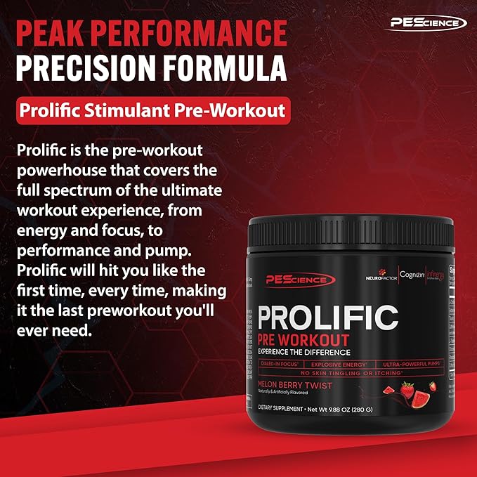 PEScience Prolific Energy Pre Workout – L Citrulline for Nitric Oxide, Rhodiola & CDP Choline Nootropic for Focus – Preworkout for Men & Women – 40 Scoops, Melon Berry Twist