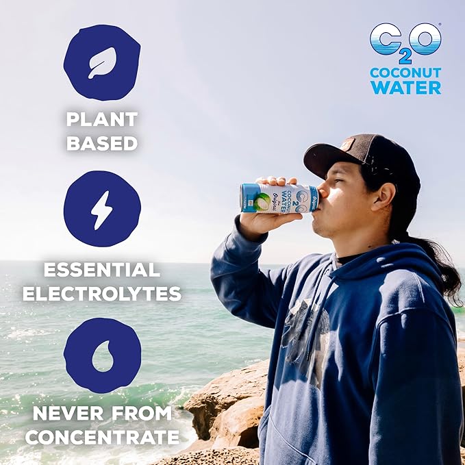 C2O - Coconut Water, The Original Flavor (12 Pack) - Made with Fresh Coconut Water, Plant Based - Non GMO Canned Water - Natural Hydration, Essential Electrolytes, & Potassium - 12 Cans, 17.5 FL OZ