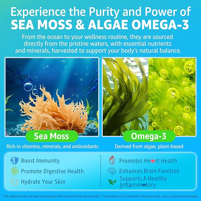 Sea Moss Gummies + Omega-3 Vegan for Man Women, Organic Irish Seamoss Supplement w/Ashwagandha, Turmeric, Elderberry, Vitamins D3, B12, C, Burdock Root, Bladderwrack, for Brain, Energy, Immunty, 60Cts