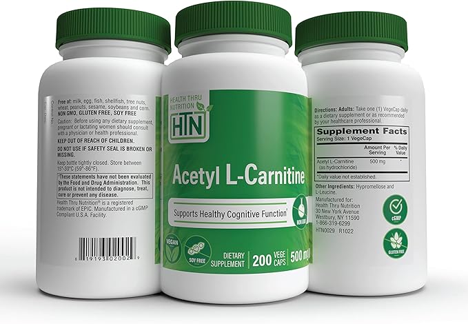 Health Thru Nutrition Acetyl L-Carnitine 500mg 200 Capsules | Supports Cognition & Mental Function | Memory & Attention | Non-GMO, 3rd Party Tested, Hypoallergenic, Gluten Free, Soy Free, Vegan