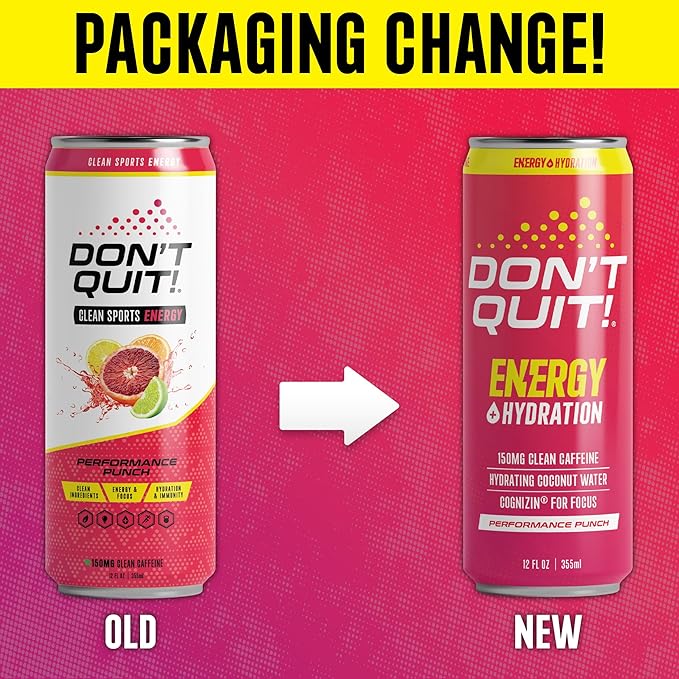 DON’T QUIT Clean Sports Energy Drink - 150 Milligrams of Natural Caffeine with Coconut Water and Electrolytes for Hydration and Cognizin® for Attention and Focus - (Performance Punch, 12 Pack)