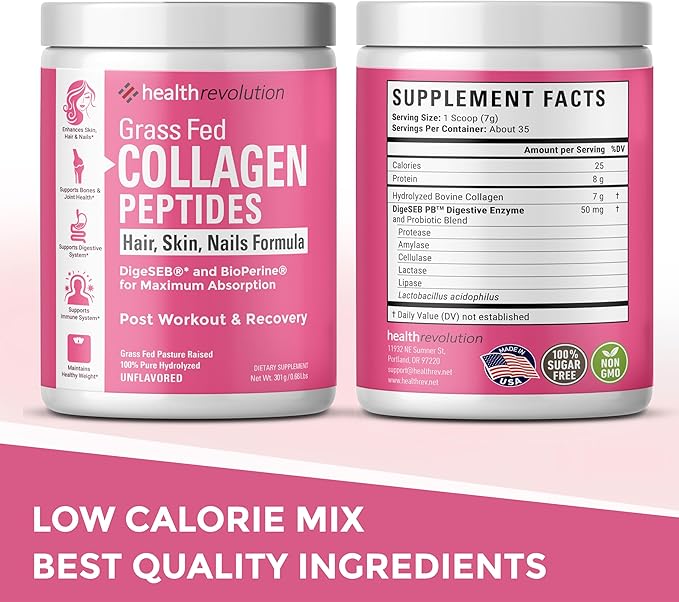 Hydrolyzed Collagen Peptides Powder - Skin, Hair, Nails & Joint Support, Grass-Fed Collagen Enhanced with Probiotics, Digestive Enzymes, Types I & III - Non-GMO, Gluten-Free, Unflavored, 35 Servings