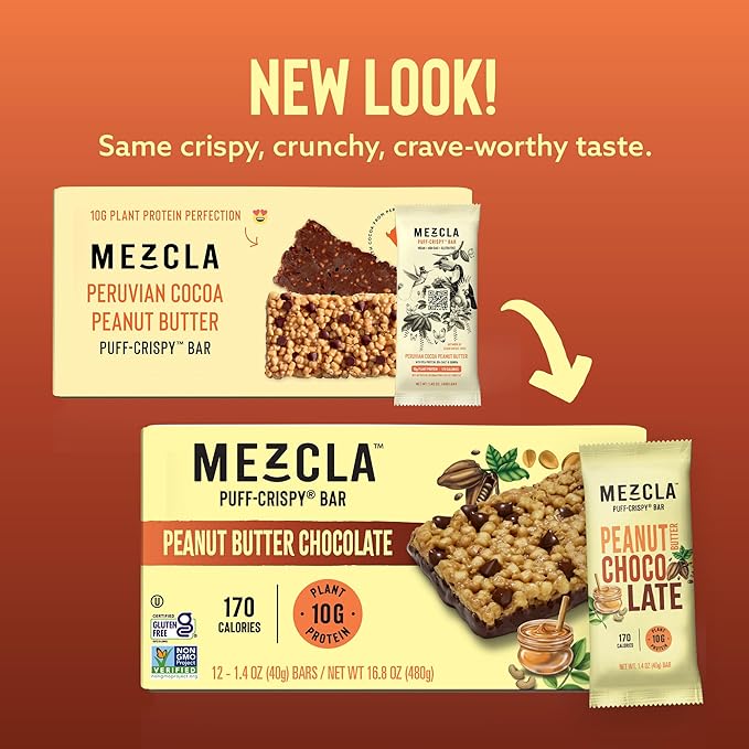Mezcla Vegan Protein Bars, Gluten Free Snack Made with Pea Protein, Chocolate Chips and Other Premium Ingredients, Healthy Snacks, Peanut Butter Chocolate, 10g of Protein, 12 Pack