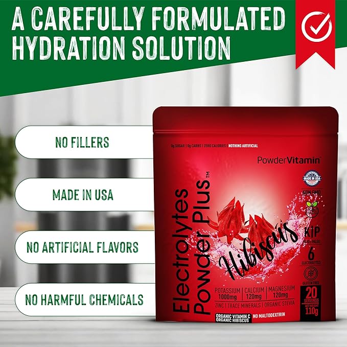 Electrolytes Powder Plus (20 Servings) Hibiscus Electrolyte Powder, No Maltodextrin, Keto,Sugar Free,Pink Himalayan Salt,1000mg Potassium,120mg Calcium,120mg Magnesium,Hydration Powder
