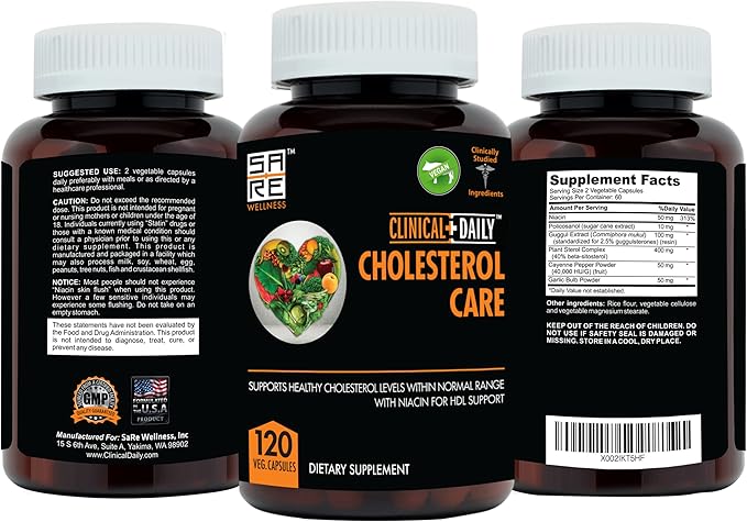 Clinical Daily Cholesterol Care Supplement. Vegan Cholesterol and Triglyceride Supplements. Plant Sterols Supplements Cholesterol Support with Guggul, Garlic, Niacin. 120 Capsules