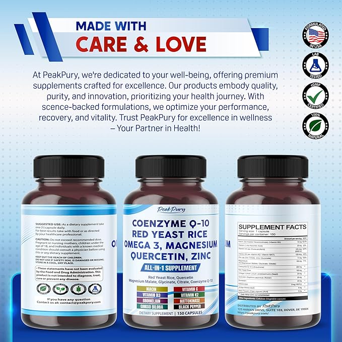 Coenzyme Q-10 Red Yeast Rice Quercetin Magnesium Malate, Glycinate, Citrate - Made in USA