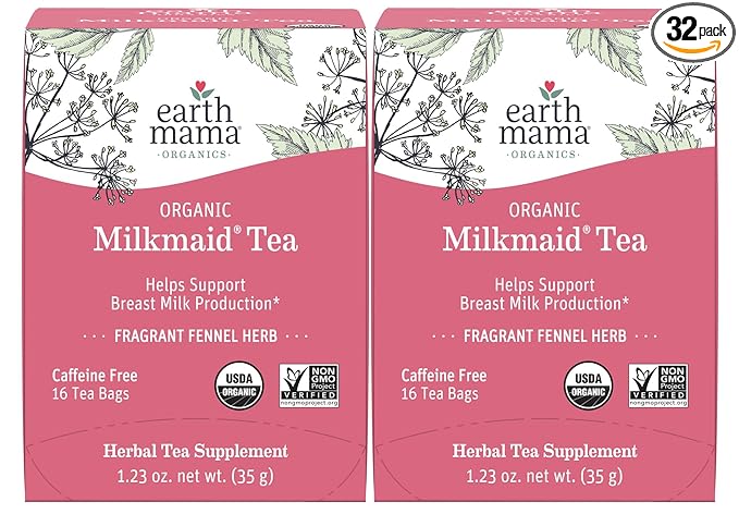 Earth Mama Organic Milkmaid® Tea | Lactation Support Herbal Tea Bags for Breastfeeding, Decaf Lactation Supplement for Increased Breast Milk Production, With Milk Thistle & Fenugreek (16-Count, 2PK)