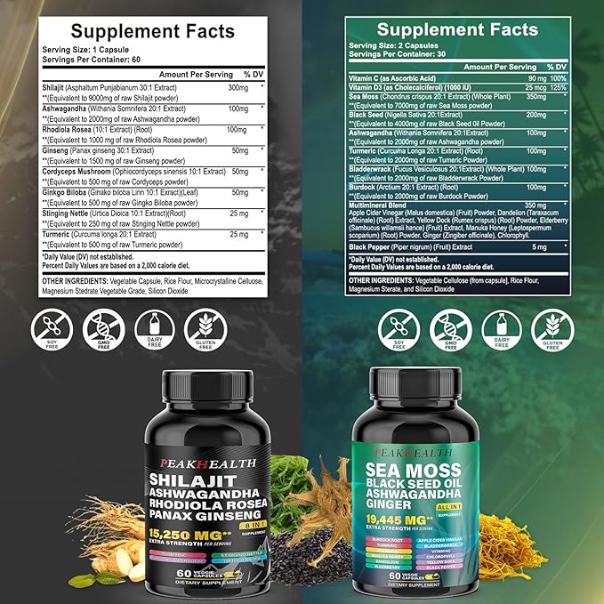 Shilajit + Sea Moss Capsules Bundle – 2 Bottle Combo with Ashwagandha, Panax Ginseng, Rhodiola & Black Seed Oil – 19,445mg Herbal Formula – Energy & Immune Support – 60 Capsules Each,Easy to Swallow