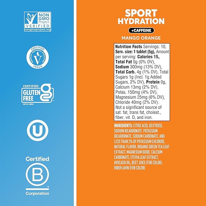 Nuun Sport Electrolyte Tablets with Caffeine from Green Tea Extract, Magnesium, Calcium, Potassium, Chloride & Sodium, Gluten Free & Vegan, Mango Orange, 8 Pack (80 Servings Total)
