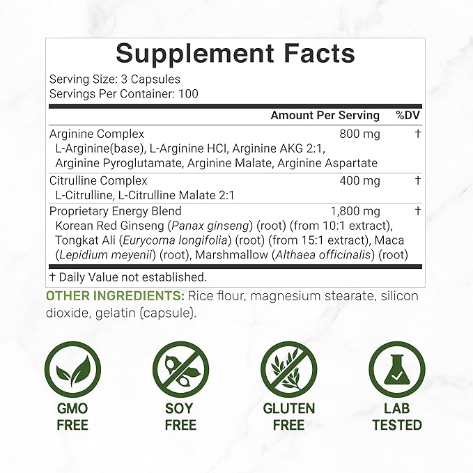 Nitric Oxide Booster 3,000mg Per Serving, 300 Capsules – 12 in 1 Nitric Oxide Supplement – Arginine & Citrulline Complex with Energy Blend – Marshmallow Root – Promotes Nutrient Flow to Muscles&Heart