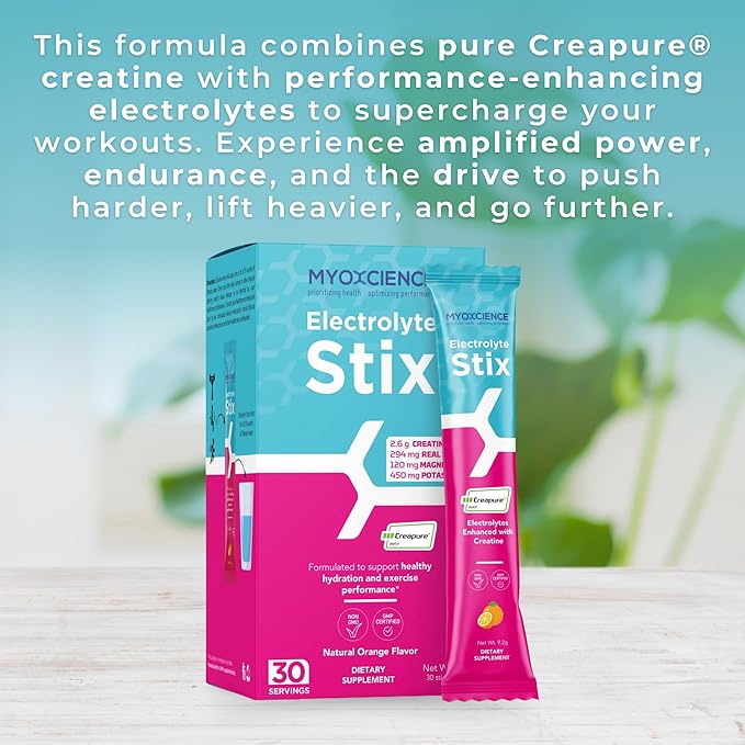 MYOXCIENCE Electrolyte STIX | Creatine Electrolyte Powder | Recovery from Exercise & Muscle Development w/Real Salt (Natural Orange Flavor) (Stix 30 ct)