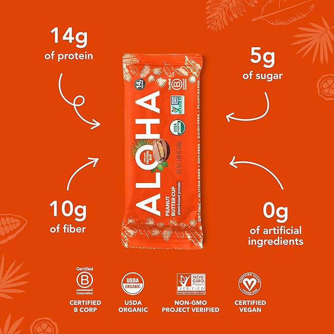 ALOHA Organic Plant Based Protein Bars - Peanut Butter Cup Bar - Vegan, Low Sugar, Gluten-Free, Paleo, Low Carb, Non-GMO, No Stevia, No Erythritol