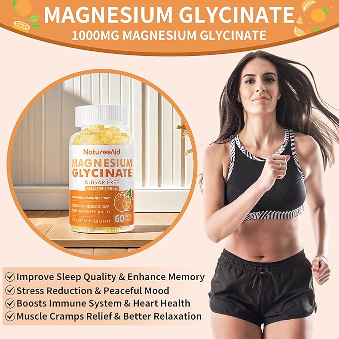Magnesium Glycinate Gummies 1000mg - Sugar Free Magnesium Potassium Supplement with Vitamin D, B6, CoQ10 for Calm Mood & Sleep Support - 60 Orange Gummies -1 Pack