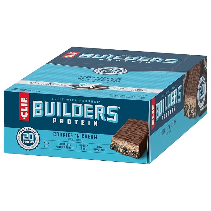 CLIF BUILDERS Protein Bars - Cookies 'n Cream Flavor - 20g Plant Based Protein - Gluten Free - Non-GMO - Low Glycemic - No Artificial Sweeteners - 2.4 oz. (12 Pack)
