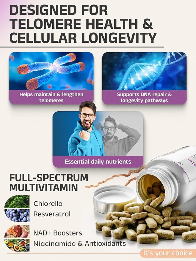 Telovite™ Daily Multivitamin for Men & Women – Telomere & Cellular Health Support – High Potency Vitamins A, D, E, C, B-Complex, Zinc, Folate, Iron – 90 Tablets – Doctor Formulated