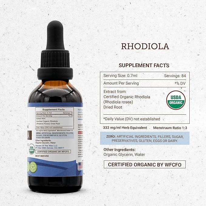 Secrets of the Tribe Rhodiola USDA Organic | Alcohol-Free Extract, High-Potency Herbal Drops | Made from 100% Certified Organic Rhodiola (Rhodiola Rosea) Dried Root 2 oz