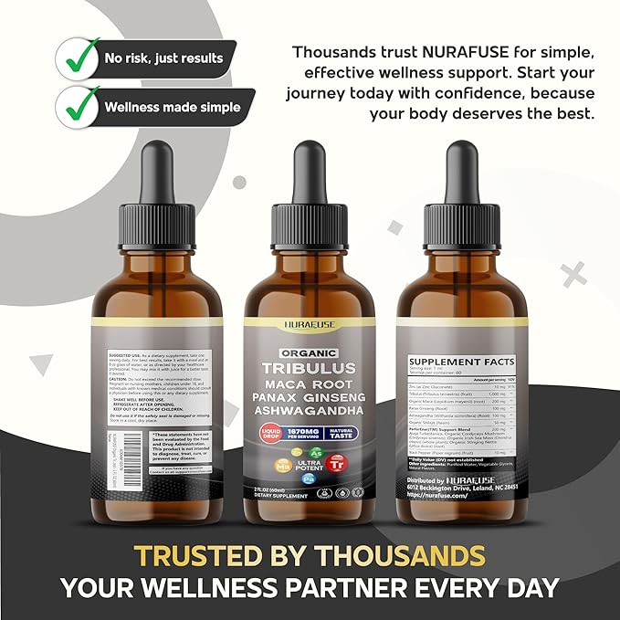 Organic Tribulus, Maca Root, Panax Ginseng, Ashwagandha Liquid Drops – 1670mg per Serving, Ultra Potent, Natural Taste, USA Made & Lab Tested – 2 FL OZ (60ml)