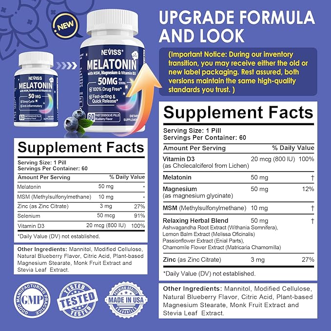 Melatonin 50 mg for Adults - Extra Strength 9-IN-1 Fast Dissolve Sublingual - w/ Vitamin D3 & MSM, Relaxing Herbal Blend-Ashwagandha, Lemon Balm, Passionflower,Chamomile,Sugar Free, Vegan 180 Servings