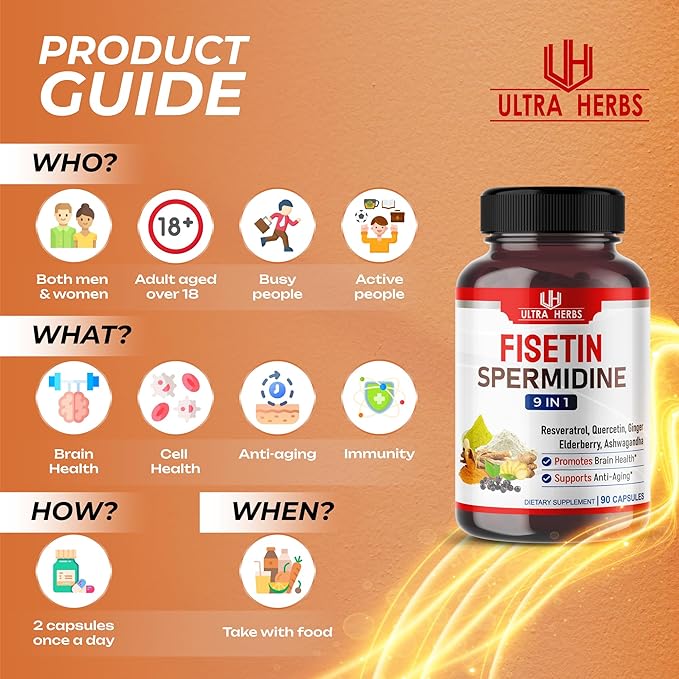 Ultra Fisetin Supplements Complex Resveratrol Quercetin - Support Brain Wellness, Immune System with Elderberry, Echinacea, Ashwagandha, Turmeric, Ginger (90 Count (Pack of 1))
