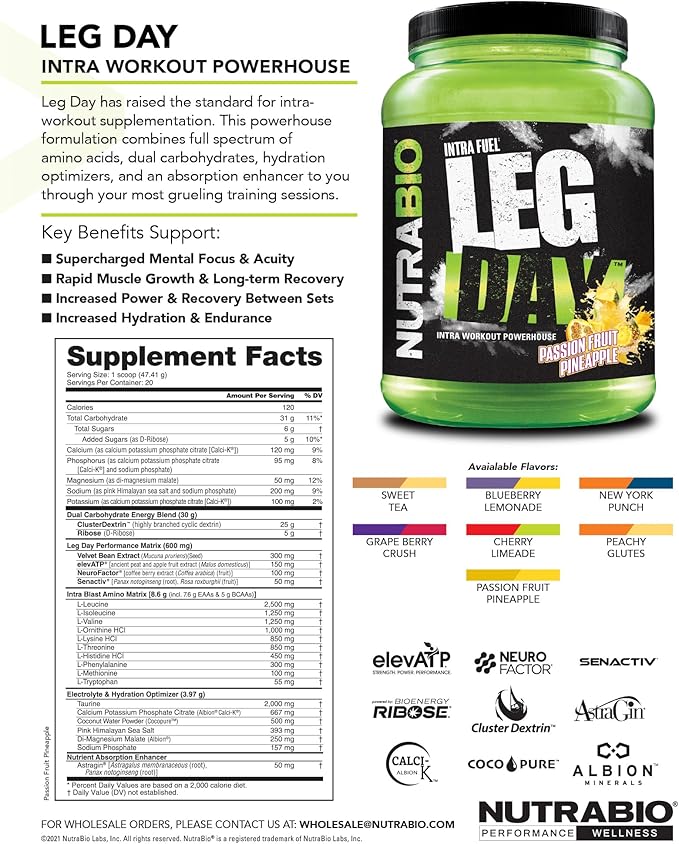 NutraBio Leg Day Intra Carb Supplement – Advanced Carbohydrate Complex – Amino Acid EAA/BCAA Formula – Electrolyte Blend for Recovery and Performance, Passion Fruit Pineapple, 20 Servings