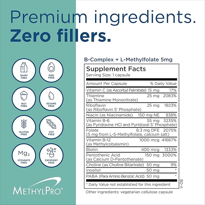 MethylPro B-Complex + L-Methylfolate 5 mg - Methylated Vitamin B Complex for Women and Men, Cellular Energy Support with Folate, Niacin and Biotin, VIT B Supplement - 30 Vegan Capsules