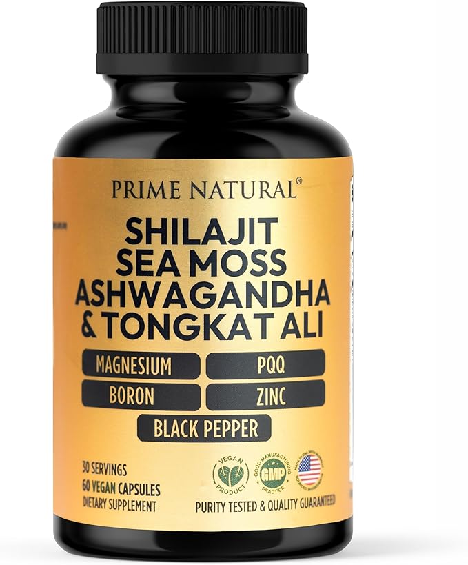 Shilajit 10,000mg, Irish Sea Moss 2000mg, Ashwagandha 3000mg, Tongkat Ali 30,000mg, Boron, Magnesium, PQQ & More | 60 Capsules - 30 Days Supply| Fulvic Acid Veg Capsules| Vegan| Gluten Free | Non-GMO