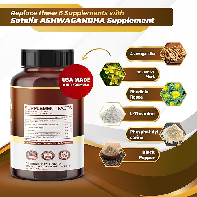 Ashwagandha All-in-1 Advanced Formula with L-Theanine, Rhodiola, St. John's Wort for Unwind & Relax & Strength - USA Made & Tested (150 Count (Pack of 1))