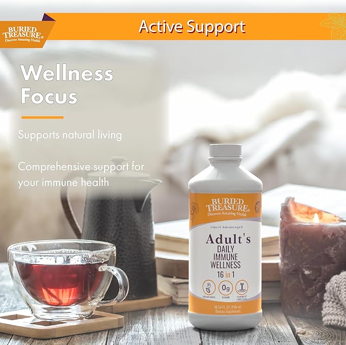 Buried Treasure Adult Daily Immune Wellness, 16oz with Dose Cup, Elderberry Echinacea VIT-C Zinc, Mushroom Blend, Natural Immune Booster