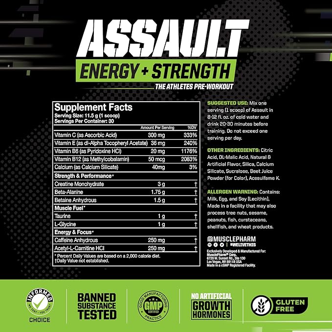 MusclePharm Assault Energy & Strength Pre Workout Powder for Men & Women with Beta Alanine, Caffeine, Creatine & Betaine Anhydrous, Pre-Workout Supplements, 30 Servings, Watermelon Flavor