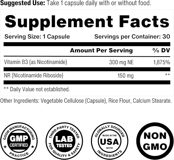 NAD Booster | Longevity Supplement for Healthy Aging with NR (Nicotinamide Riboside) and Nicotinamide | Promotes Cell Function & Vitality | Non-GMO & 3rd Party Tested