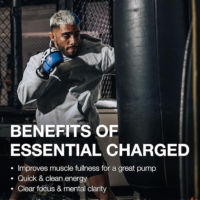 RAW Pre-Workout Powder, Essential CHARGED (Blue Rathberry) - Preworkout Supplement for Men & Women - Supports Focus, Mood, & Performance - Caffeine, Alpha-GPC, L-Citrulline, Beta Alanine (25 Servings)
