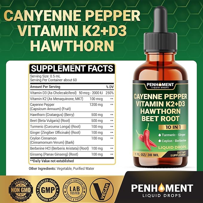 10in1 Cayenne Pepper Liquid Drops with Hawthorn Berry, Vitamin D3, Vitamin K2, Beet Root, Turmeric, Ginger and More - Digestion Support - 1 Fl Oz - 2 Months Supply