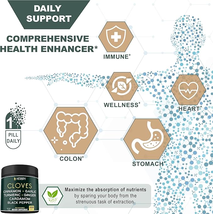 7in1 Clove Supplement Rich in Vitamins & Minerals Supports Digestion, Immune & Heart Health with Cinnamon, Turmeric, Ginger, Cardamom, Garlic & Black Pepper - 100 Vegan Capsules