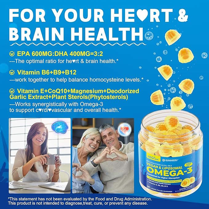 Vegan Omega-3 Gummies 1000mg +CoQ10+Magnesium- EPA 600mg & DHA 400mg, Fish Oil Omega 3 Supplements Alternative for Women Men- Liposomal Algae- Plant Sterols, Deodorized Garlic, B6,B9, B12, Sugar Free
