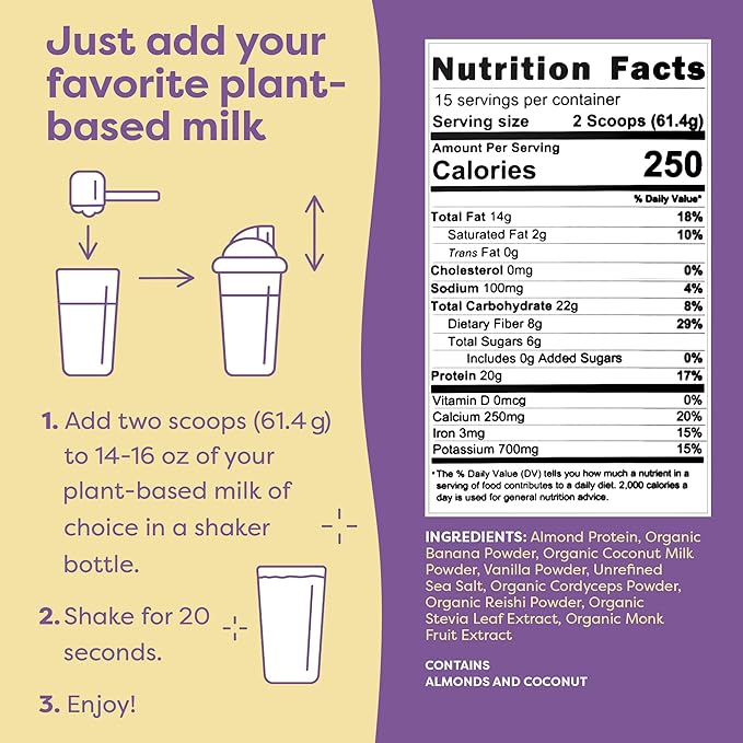 FlavCity Vegan Protein Powder - Vanilla Smoothie - 20g Almond, Plant Based Protein Powder - Dairy-Free Shake - with Organic Fruit, Reishi & Cordecyps Mushrooms - No Blender Needed (15 Servings)