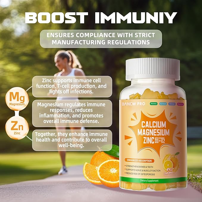 Calcium Magnesium Zinc Gummies with Vitamin D3 & K2 - High Potency Enhanced Absorption -60 Orange Gummies