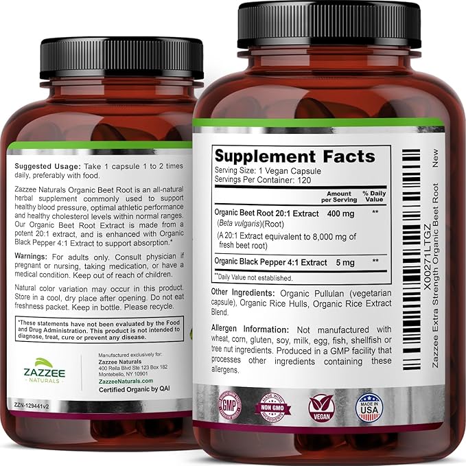 Zazzee USDA Organic Beet Root 8000 mg Strength 20:1 Extract, 120 Vegan Quick Release Capsules, Black Pepper Extract for Enhanced Absorption, Supports Nitric Oxide Production, Non-GMO, Made in The USA