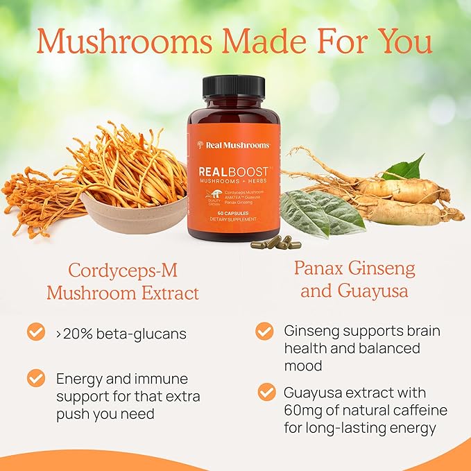 Real Mushrooms RealBoost Capsules - Mushroom Supplement Blend with Cordyceps Mushroom, Panax Ginseng Extract Guayusa Energy, Immune Defense, Mood Support Vegan, 60 Caps