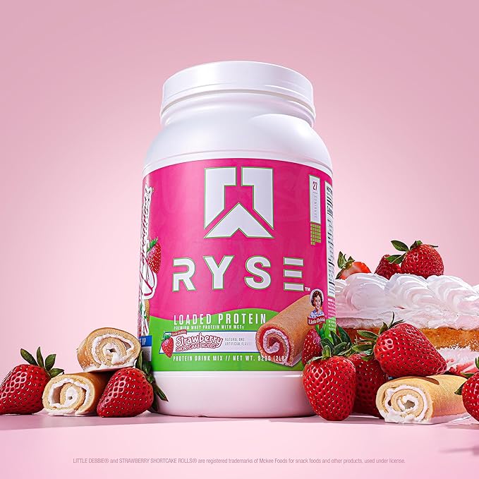 Ryse Loaded Protein Powder - Little Debbie Strawberry Shortcake Rolls - 25g Whey Protein Isolate & Concentrate with Prebiotic Fiber & MCTs - Low Carb & Low Sugar - 27 Servings / 2 lb Tub