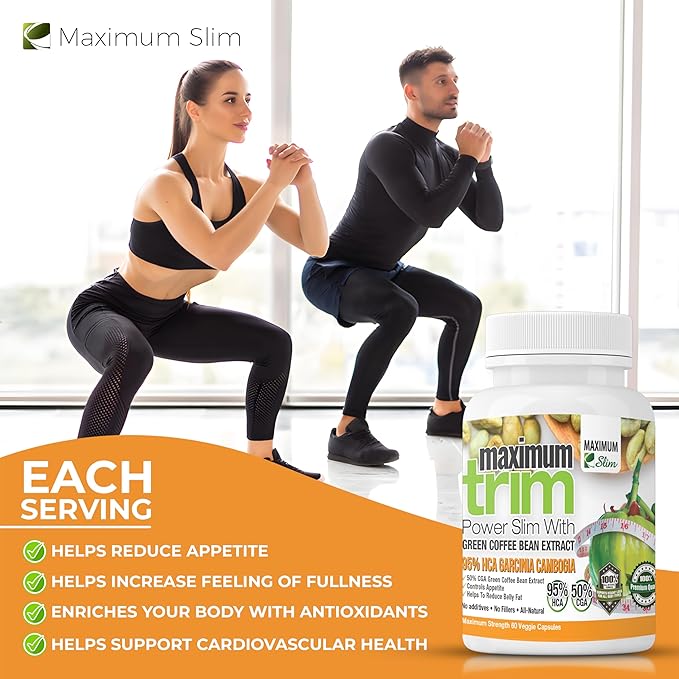 Maximum Slim Most Effective Formulation MaximumTrim Garcinia CAMBOGIA with Green Coffee Bean Extract All Natural Weight Loss, Appetite Suppressant & Fat Burner - Month Supply