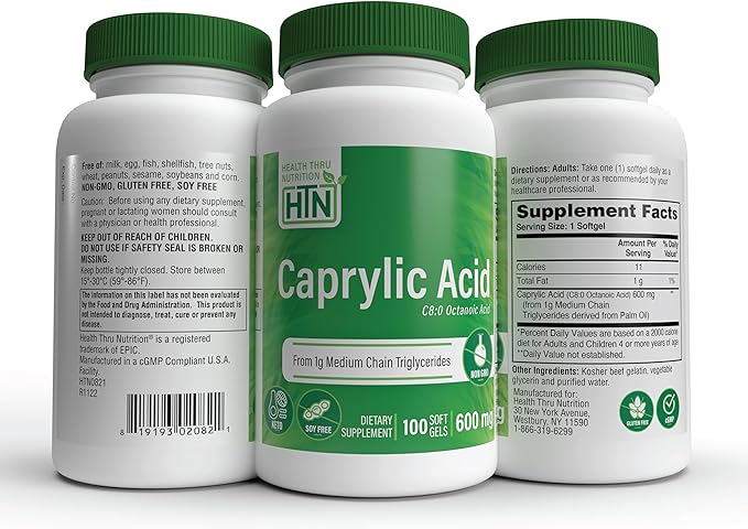 Health Thru Nutrition Caprylic Acid 600mg 100 Softgels | C8 Octanoic Acid from Pure 1g MCT Oil | Non-GMO & Soy Free | Support Healthy Digestive and Intestinal Health | Keto Friendly