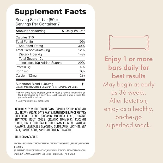 Boobie Bar Superfood Blueberry Muffin Lactation Bar for Breastfeeding Moms to Increase Milk Supply | #1 Selling Lactation Snack Bars | Vegan, Fenugreek-Free, Gluten-Free, Dairy-Free (7 Bars)