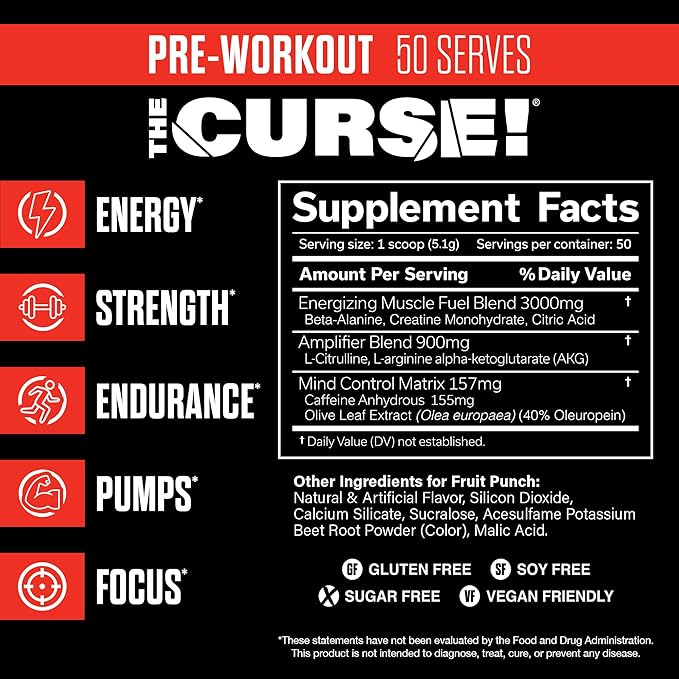 JNX SPORTS The Curse! Pre Workout Powder - Fruit Punch 50 Servings | Preworkout: Boost Strength, Energy + Focus for Men & Women | Caffeine, Beta-Alanine, Creatine & L-Citrulline