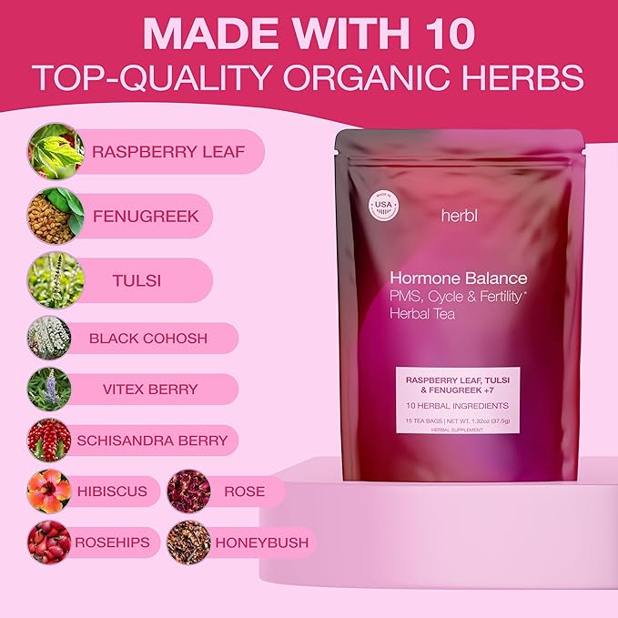 Organic Hormone Balance Tea for Women – Raspberry Leaf Tea with Fenugreek, Tulsi & Black Cohosh – Herbal Hormone Balance tea for PMS (Cramps, Mood, Bloating), PCOS, Ovulation & Fertility