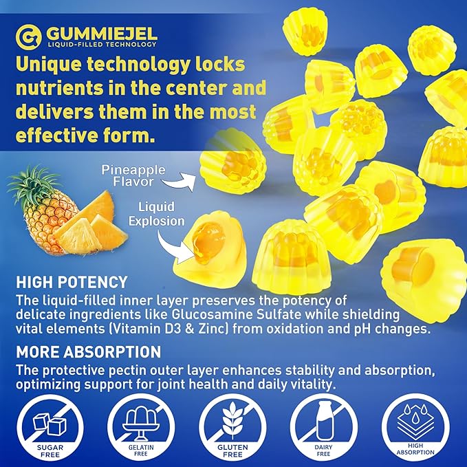 NEVISS Sugar Free Glucosamine Filled Gummies - Glucosamine Supplement Plus Chondroitin, MSM, Turmeric, Boswellia, Hyaluronic Acid, Vitamin D3 & Zinc, 120 Gummies, 60 Servings