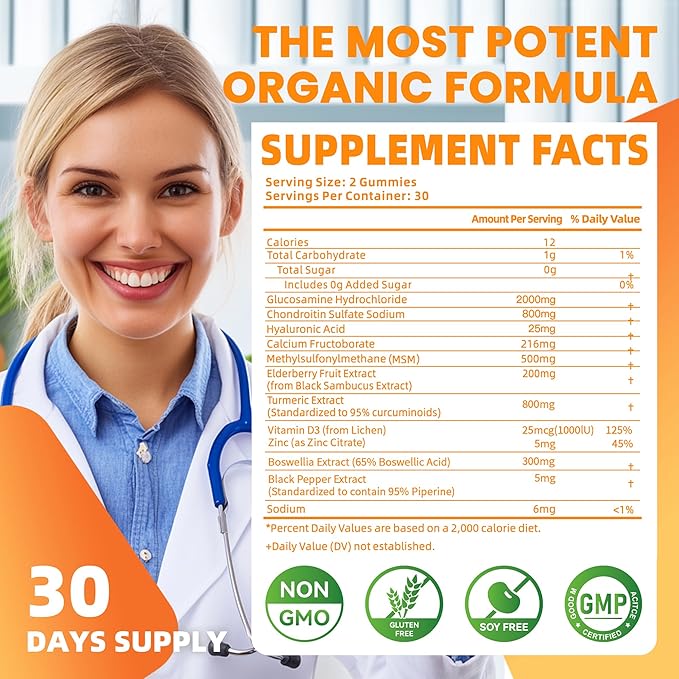Glucosamine Chondroitin Gummies with MSM & Elderberry Extra Strength - Joint Support, Antioxidant Immune Support Supplement for Adults, Men & Women.Orange