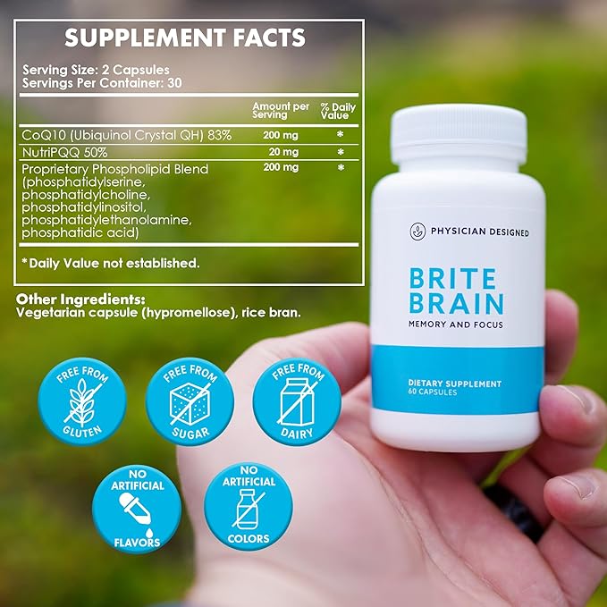 Physician Designed Brite Brain Supplement | Ultra CoQ10 with PQQ | for Energy, Focus & Brain Health | Micro Active | Anti-Aging| CoQ10 | All Ages | 60 Capsules